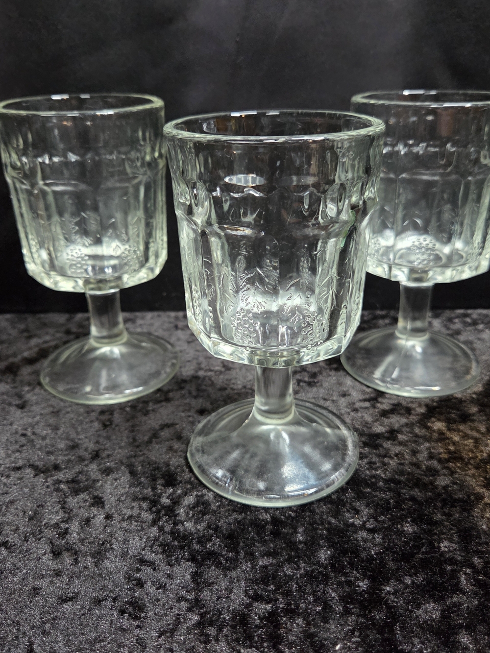 Antique Jenkins Grape & Thumbprint Pressed Glass 8oz Water Goblets Set of 3